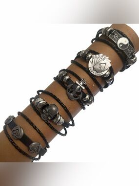 Bracelets x5 OS Anchor Skull Ying Yang Poker Cards Woven Cord Black Faux Leather